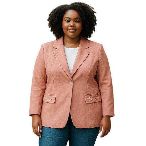 Vintage Agenda Made in USA Pink Wool Blend Embroidered Pockets Blazer Sz 14 Y2K - Picture 1 of 12